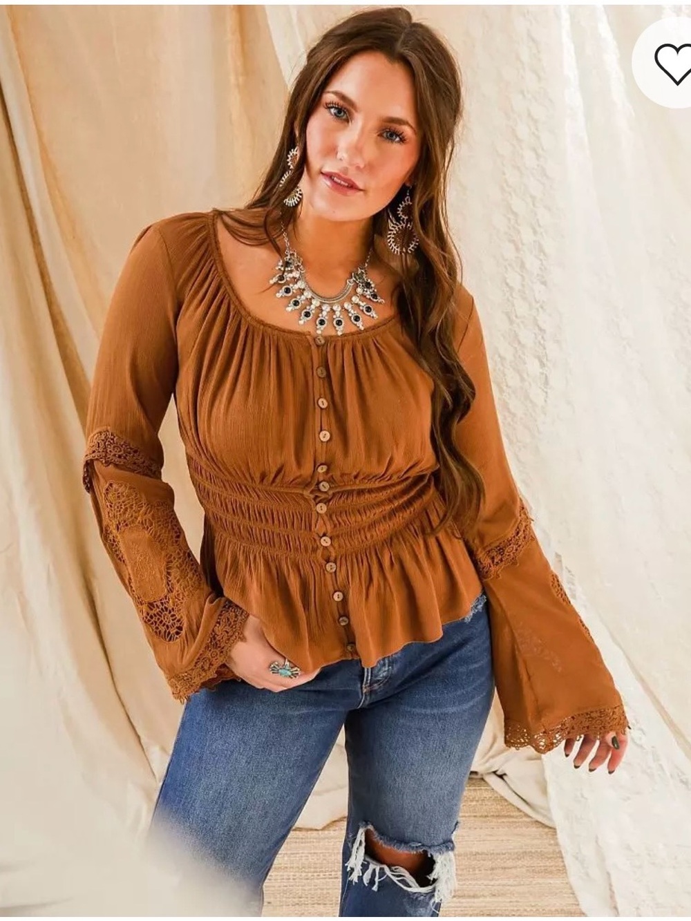 NWT Gimmicks Rust Brown Smocked Peplum Button-Front Blouse